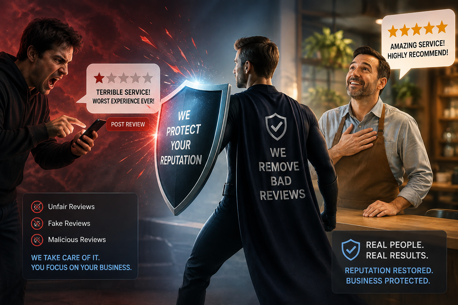A professional shielding a business owner from a damaging one-star review