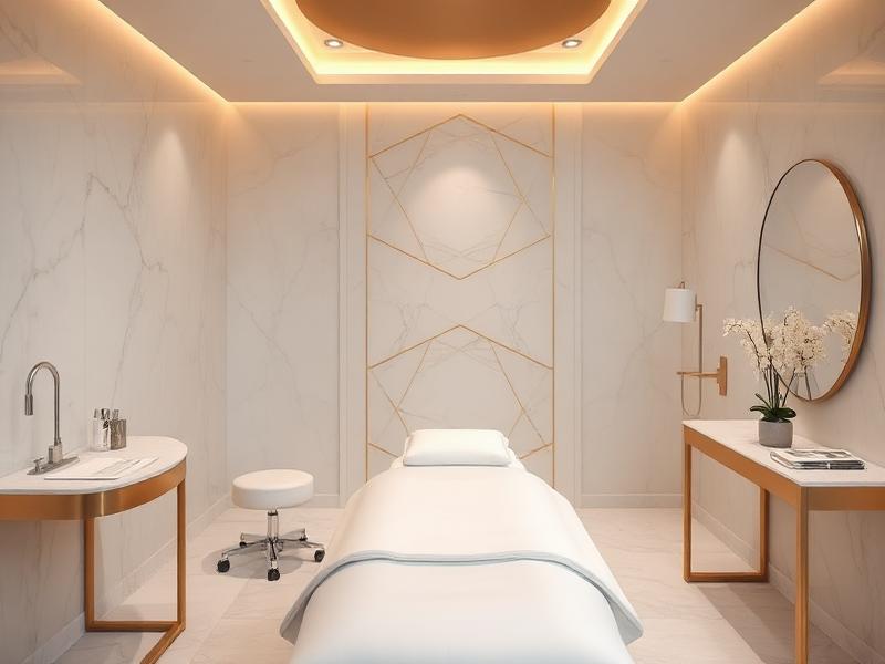 Luxury aesthetic medicine treatment room in marble and brass