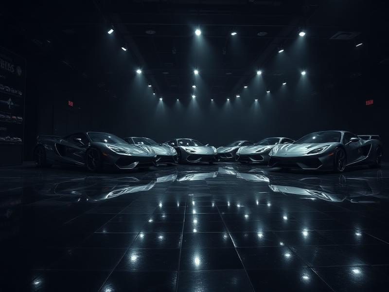 Dark luxury car showroom with spotlit vehicles on a polished floor