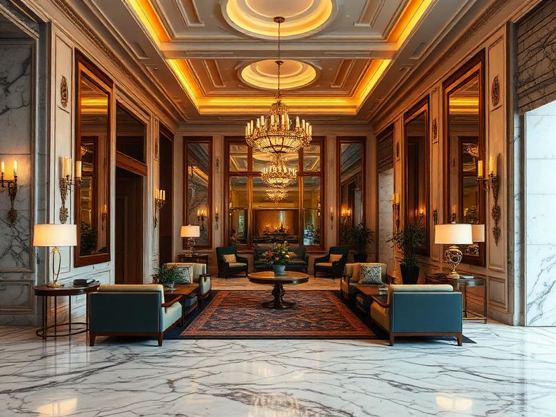 Luxury hotel lobby with marble floors, chandeliers, and warm evening light