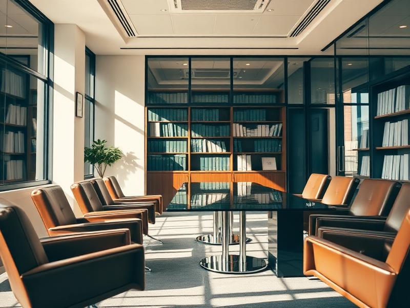 Modern law firm conference room with leather chairs and natural light