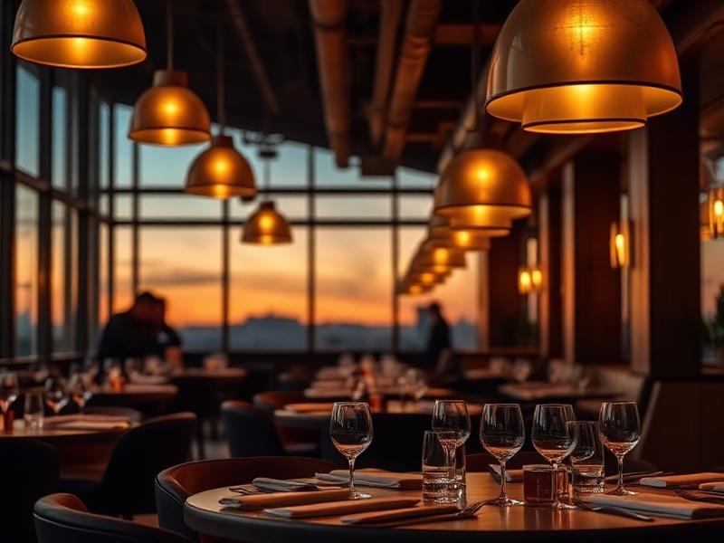 Upscale restaurant interior at dusk with set tables and warm pendant lighting